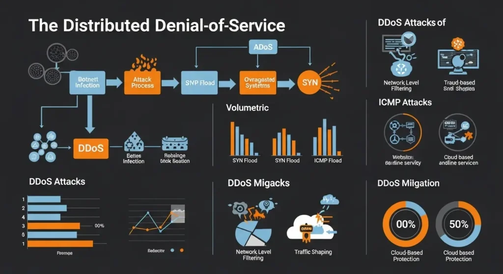 Distributed Denial-of-Service: Panduan Lengkap untuk Cybersecurity Artikel ini membahas teknik, dampak, dan cara pencegahan serangan DDoS dalam cybersecurity.