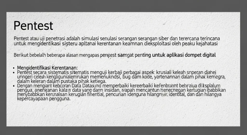 Pentingnya Pentest untuk Aplikasi Dompet Digital dalam Cybersecurity Pelajari pentingnya pentest untuk aplikasi dompet digital dan cara melakukannya dengan aman.