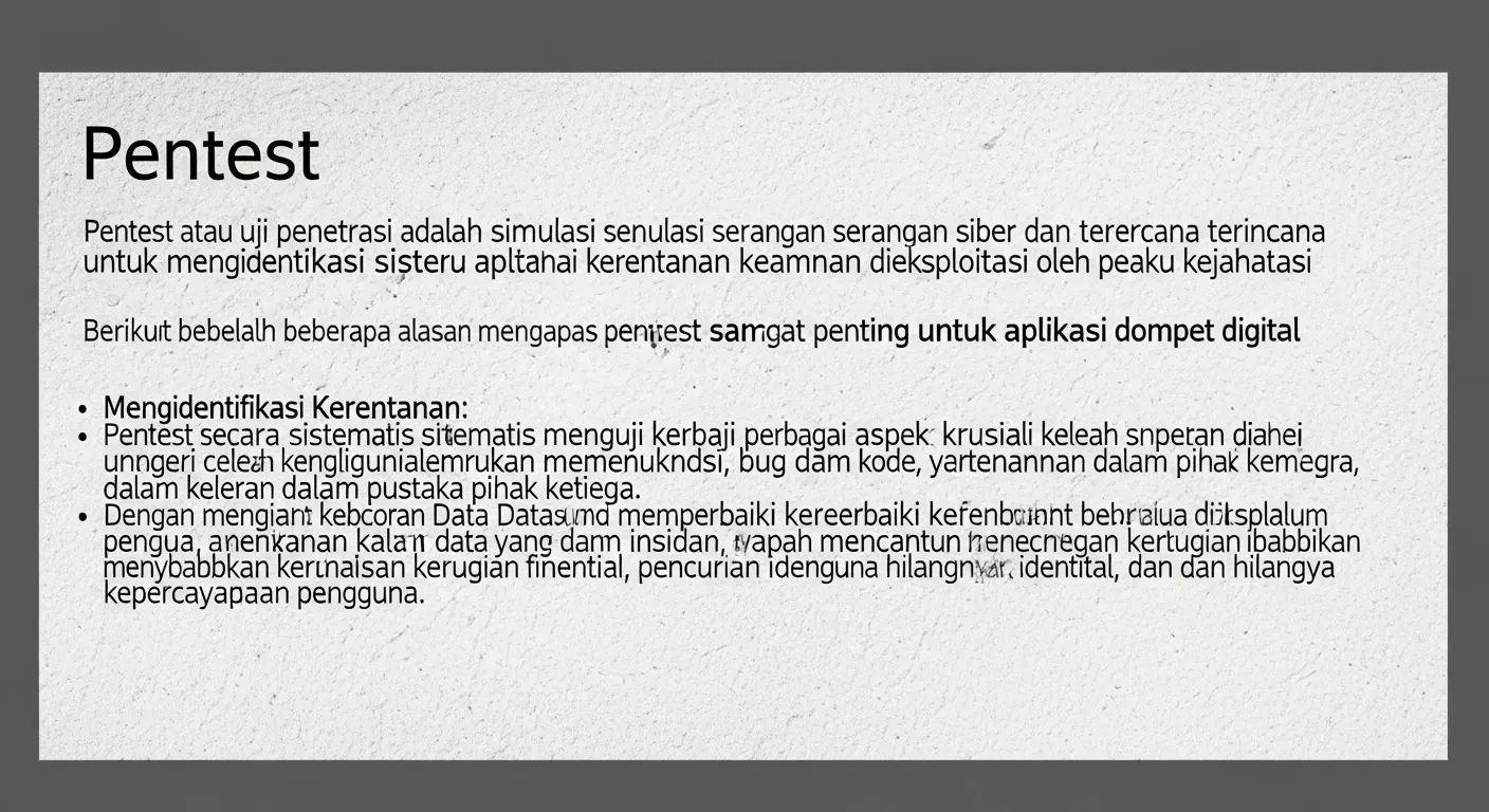 Pentingnya Pentest untuk Aplikasi Dompet Digital dalam Cybersecurity Pelajari pentingnya pentest untuk aplikasi dompet digital dan cara melakukannya dengan aman.