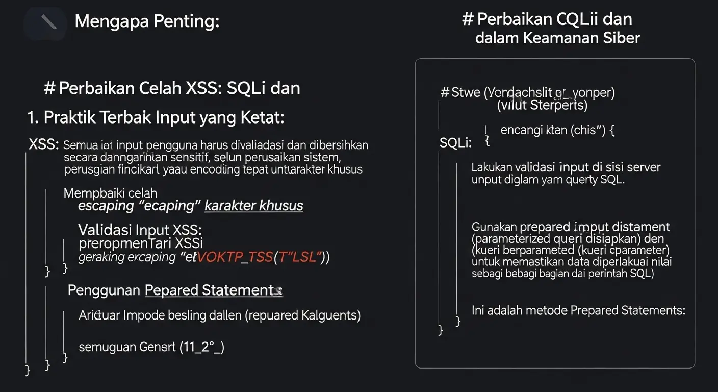 Perbaikan Celah XSS dan SQLi dalam Keamanan Siber Membahas pentingnya perbaikan celah XSS dan SQLi dalam cybersecurity, dengan fokus pada praktik terbaik dan pelatihan keamanan siber.