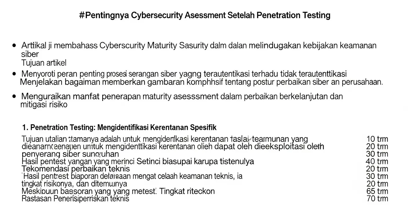 Pentingnya Cybersecurity Maturity Assessment Setelah Penetration Testing Artikel ini membahas pentingnya cybersecurity maturity assessment dalam melindungi aset perusahaan dan meningkatkan kebijakan keamanan siber.