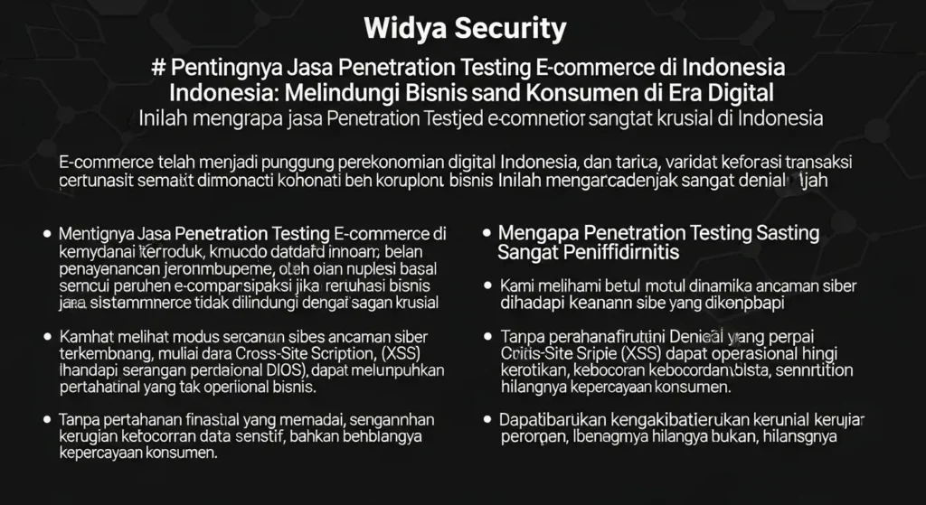 Jasa Penetration Testing E-Commerce Indonesia Artikel mengenai pentingnya jasa penetration testing e-commerce di Indonesia, ditulis oleh Widya Security, perusahaan cybersecurity.