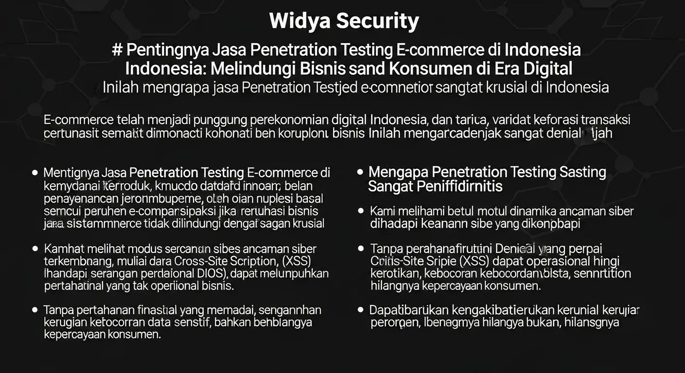 Jasa Penetration Testing E-Commerce Indonesia Artikel mengenai pentingnya jasa penetration testing e-commerce di Indonesia, ditulis oleh Widya Security, perusahaan cybersecurity.