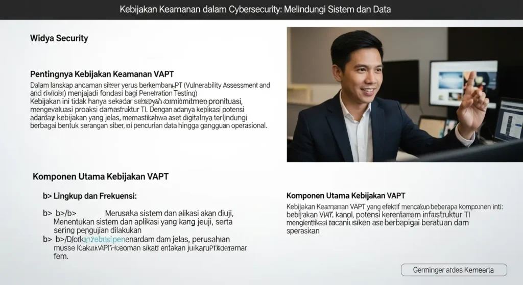 Kebijakan Keamanan VAPT Perusahaan dalam Cybersecurity Jelajahi pentingnya kebijakan keamanan VAPT bagi perusahaan dalam menjaga sistem dan data. Dapatkan informasi mendalam dari Widya Security.