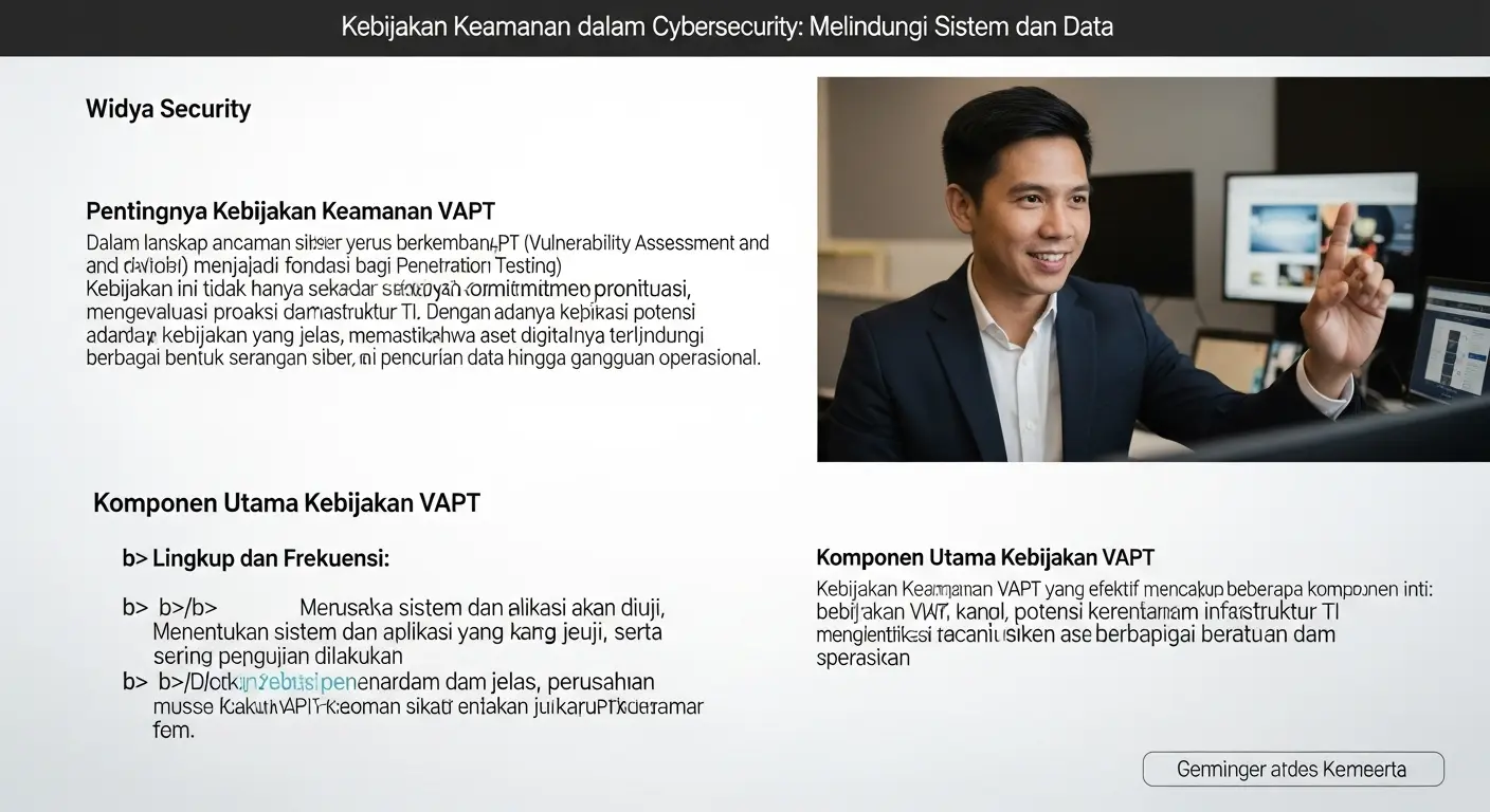 Kebijakan Keamanan VAPT Perusahaan dalam Cybersecurity Jelajahi pentingnya kebijakan keamanan VAPT bagi perusahaan dalam menjaga sistem dan data. Dapatkan informasi mendalam dari Widya Security.
