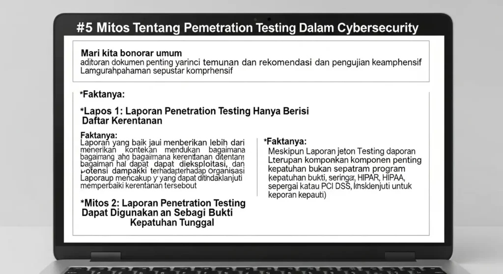 5 Mitos Tentang Laporan Penetration Testing Dalam Cybersecurity Membongkar mitos-mitos umum mengenai laporan penetration testing dan menjelaskan pentingnya dalam cybersecurity.