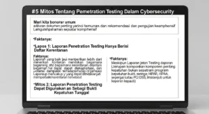 5 Mitos Tentang Laporan Penetration Testing Dalam Cybersecurity Membongkar mitos-mitos umum mengenai laporan penetration testing dan menjelaskan pentingnya dalam cybersecurity.