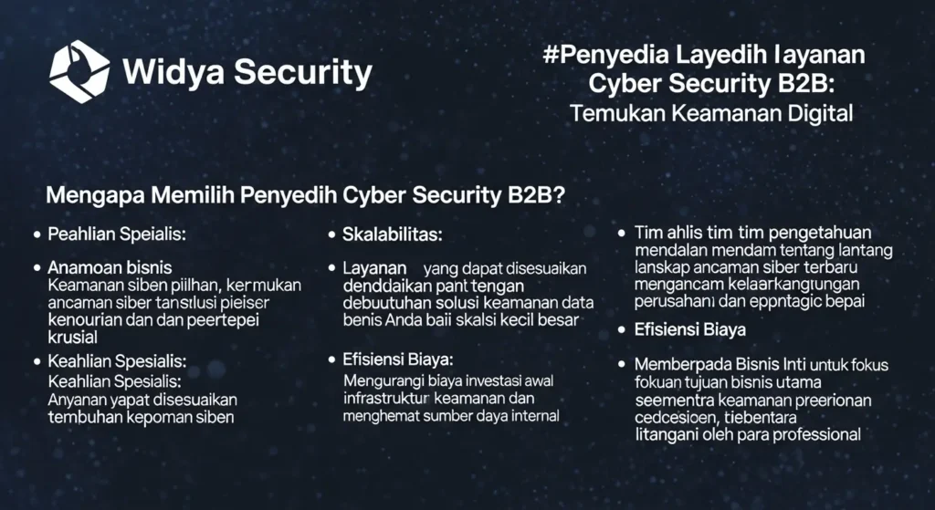 Penyedia Layanan Cyber Security B2B: Temukan Keamanan Digital Panduan lengkap untuk memilih penyedia layanan cyber security B2B terbaik di Indonesia dengan Widya Security.