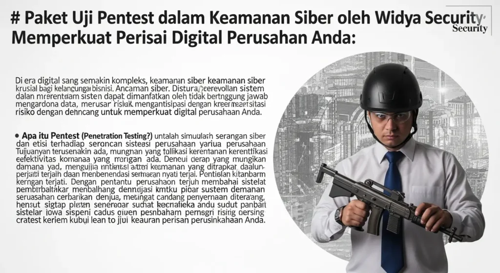 Paket Uji Pentest dalam Keamanan Siber oleh Widya Security Meningkatkan perlindungan sistem dan data perusahaan dengan paket uji pentest dari Widya Security.