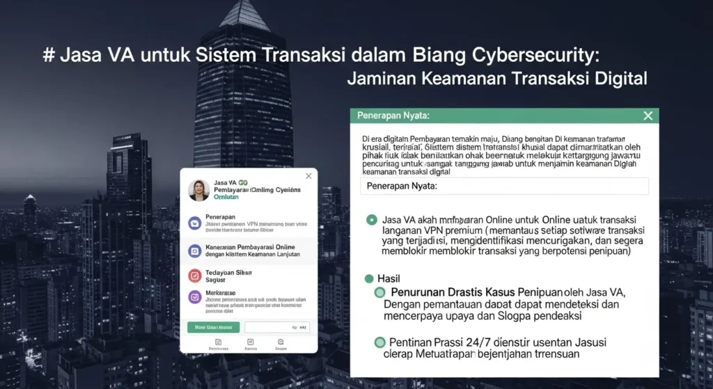 Jasa VA untuk Sistem Transaksi dalam Bidang Cybersecurity Jasa VA untuk sistem transaksi dalam bidang cybersecurity yang menjamin keamanan transaksi digital. Temukan penerapan nyata dan hasilnya.