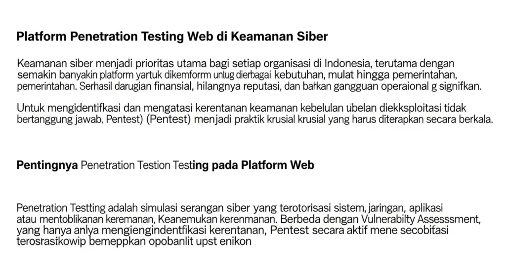 Platform Penetration Testing Web di Indonesia untuk Keamanan Siber Artikel ini membahas tentang pentingnya Penetration Testing pada platform web di Indonesia, metode, tools, serta keuntungan yang didapatkan dalam meningkatkan keamanan siber.