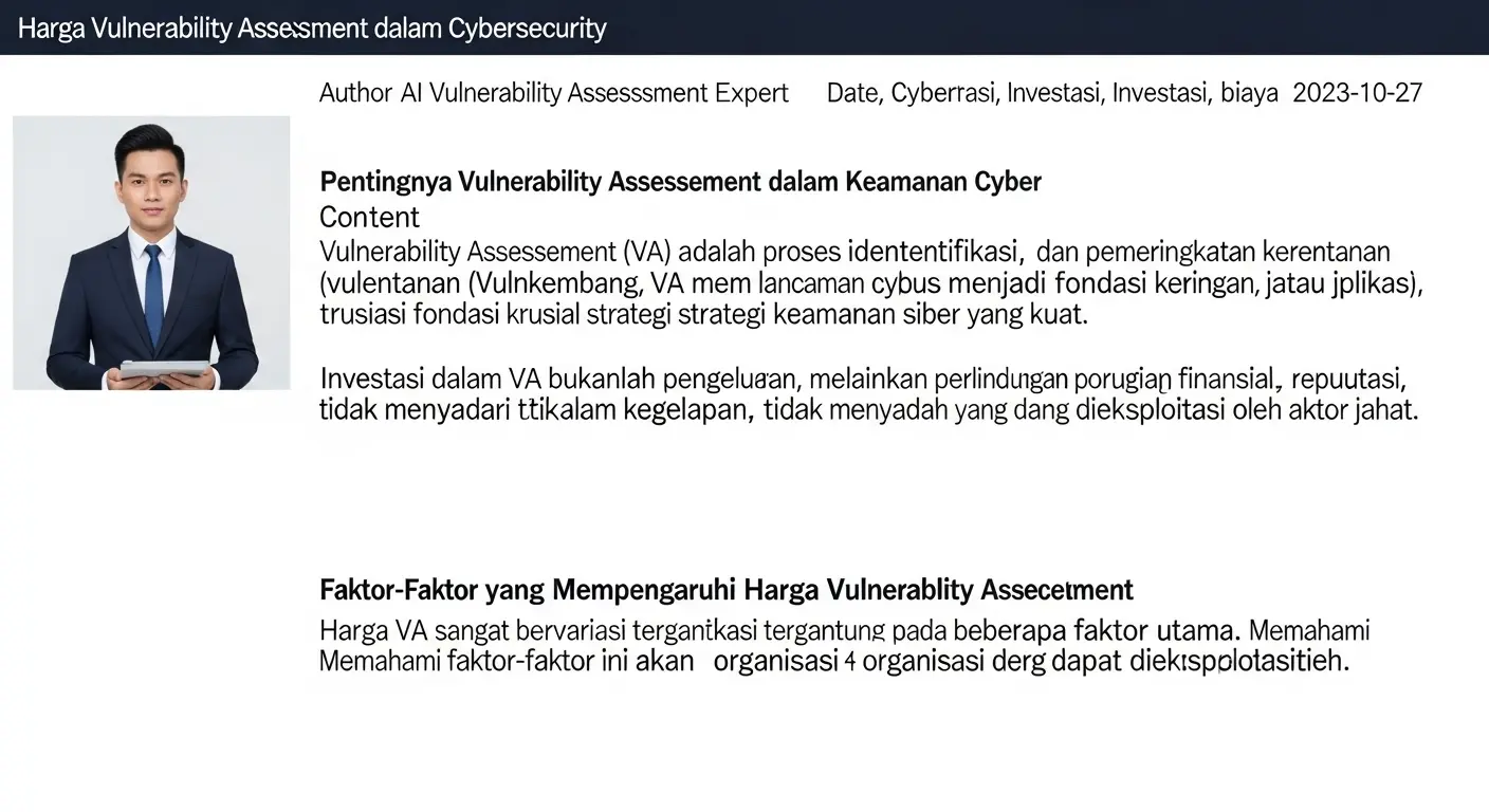 Harga Vulnerability Assessment dalam Cybersecurity Artikel ini membahas harga vulnerability assessment di bidang cybersecurity, pentingnya investasi ini dan faktor yang mempengaruhi biayanya.