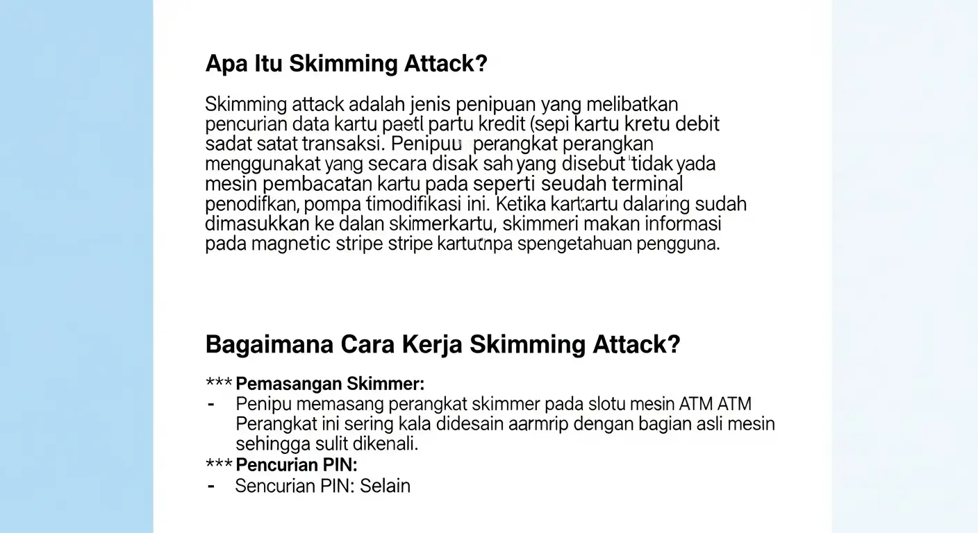 Skimming Attack dalam Cybersecurity: Apa yang Perlu Kita Ketahui Artikel ini membahas tentang Skimming Attack dalam cybersecurity, cara kerjanya, risiko, serta cara pencegahannya.