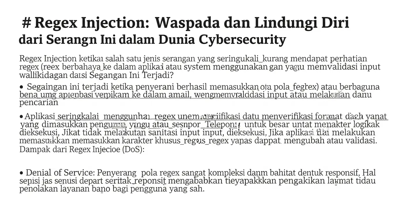 Regex Injection: Serangan yang Harus Diwaspadai Pelajari tentang Regex Injection dan bagaimana cara melindungi diri Anda dari serangan ini dalam dunia cybersecurity.