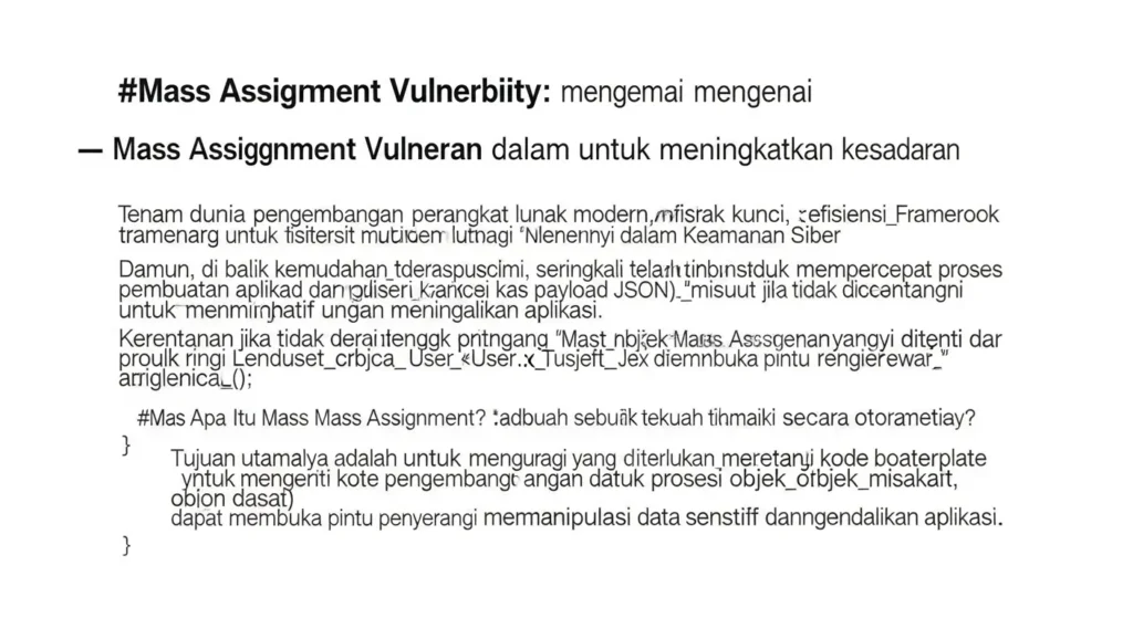 Mass Assignment Vulnerability dalam Keamanan Siber Artikel mengenai mass assignment vulnerability dalam bidang cybersecurity. Pembahasan lengkap dan mendalam untuk meningkatkan kesadaran akan ancaman ini.