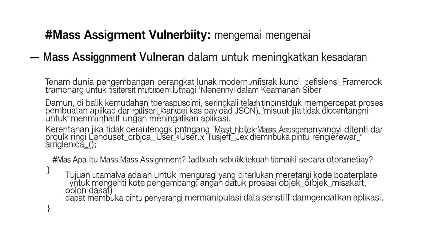 Mass Assignment Vulnerability dalam Keamanan Siber Artikel mengenai mass assignment vulnerability dalam bidang cybersecurity. Pembahasan lengkap dan mendalam untuk meningkatkan kesadaran akan ancaman ini.