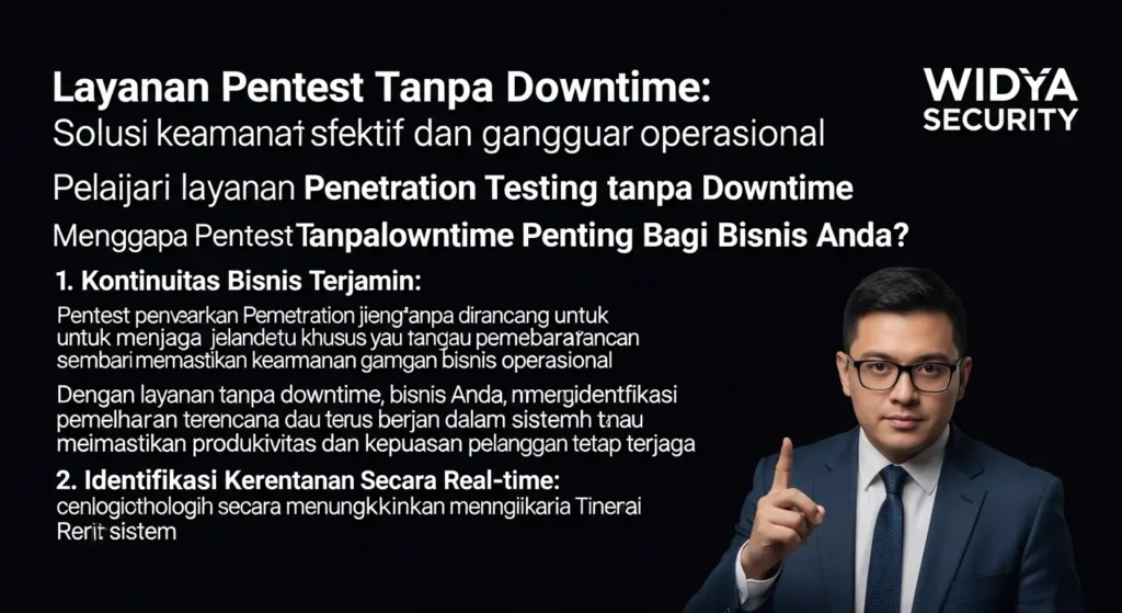 Layanan Pentest Tanpa Downtime: Solusi Keamanan Cyber Pelajari layanan pentest tanpa downtime dari Widya Security untuk keamanan siber yang efektif dan tanpa gangguan operasional.