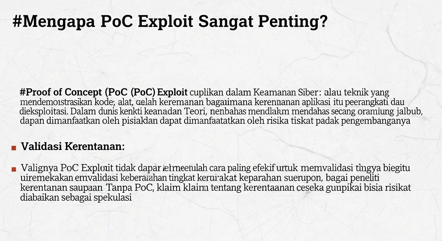 Proof of Concept Exploit dalam Cybersecurity Artikel ini menjelaskan tentang Proof of Concept Exploit dalam bidang cybersecurity, pentingnya, serta implementasi dan risikonya.
