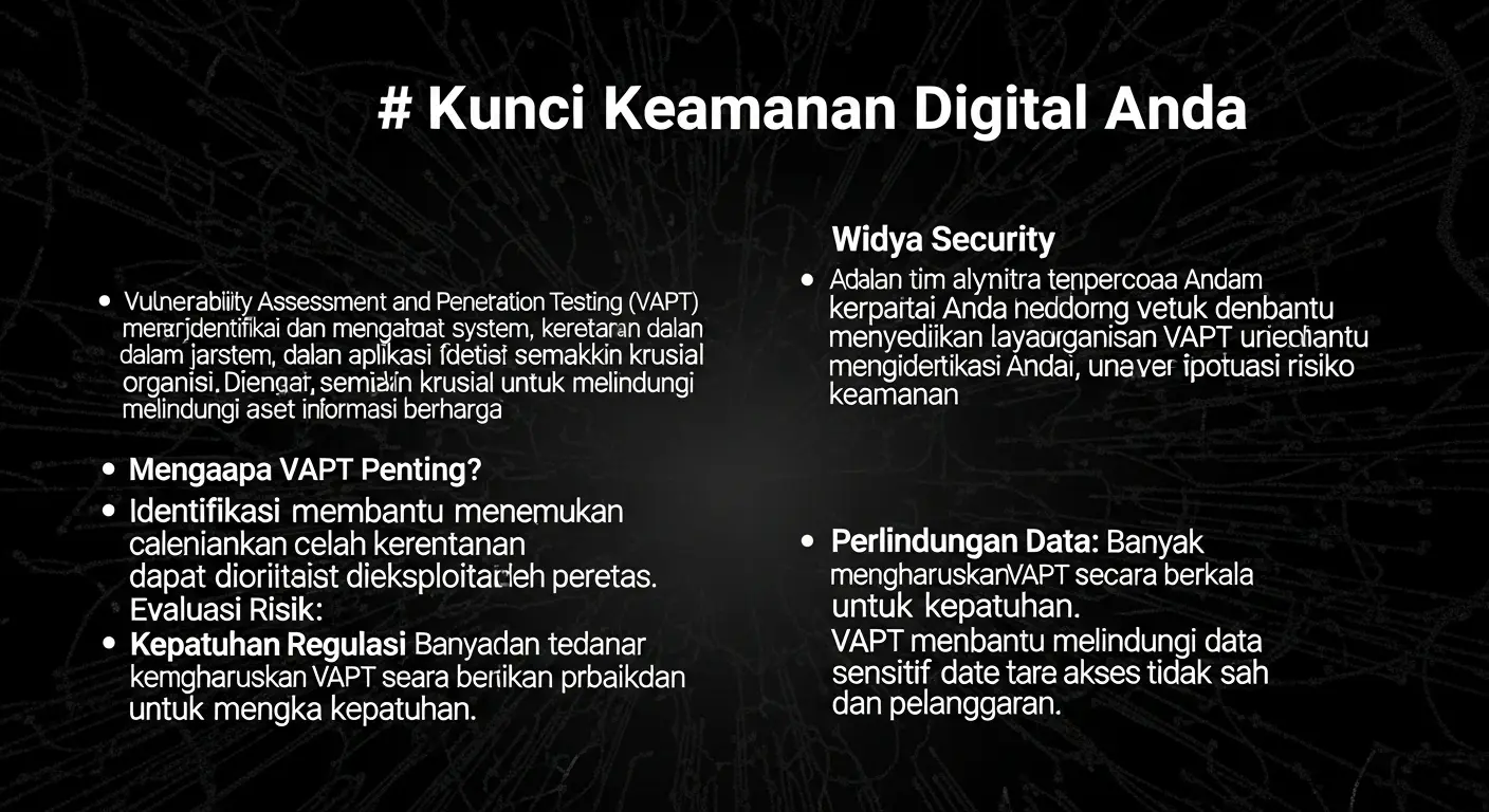 VAPT dalam Cybersecurity: Kunci Keamanan Digital Kita Pelajari tentang VAPT, metode penting dalam cybersecurity, dan bagaimana Widya Security dapat membantu organisasi Anda dalam menjaga keamanan informasi.