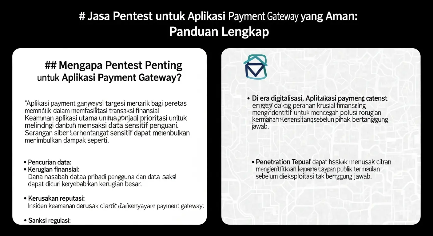 Jasa Pentest untuk Aplikasi Payment Gateway yang Aman Jasa pentest untuk aplikasi payment gateway menjadi kebutuhan penting dalam dunia cybersecurity. Baca lebih lanjut tentang pentingnya penetration testing dan tips memilih penyedia yang tepat.