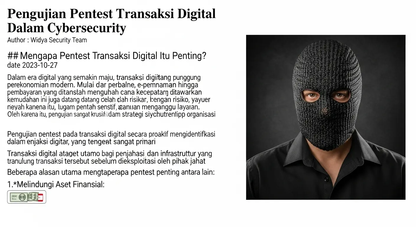 Pengujian Pentest Transaksi Digital dalam Cybersecurity Artikel ini membahas pentingnya pengujian pentest pada transaksi digital di bidang cybersecurity dan bagaimana Widya Security memfasilitasi layanan ini.