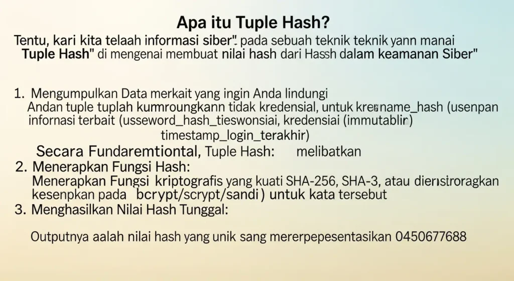 Review Informasi tentang Tuple Hash dalam Cybersecurity Pelajari lebih lanjut tentang Tuple Hash dalam cybersecurity dan bagaimana mengimplementasikannya untuk melindungi data Anda.