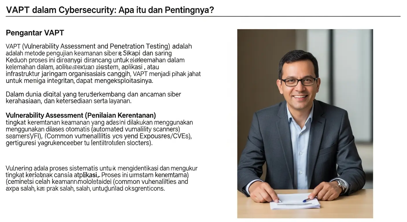 VAPT dalam Cybersecurity: Apa itu dan Pentingnya? Artikel ini menjelaskan mengenai VAPT dalam bidang cybersecurity, termasuk penjelasan tentang Vulnerability Assessment dan Penetration Testing, serta pentingnya VAPT.
