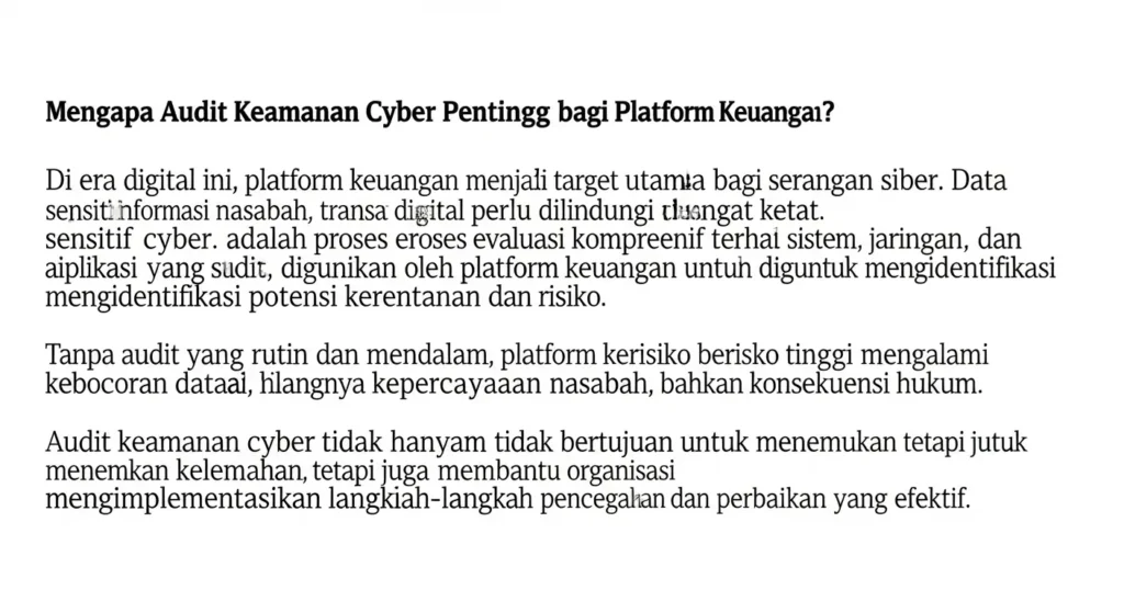 Jasa Audit Keamanan Cyber Platform Keuangan yang Perlu Anda Ketahui Artikel ini menjelaskan pentingnya jasa audit keamanan cyber di sektor keuangan, pandangan dari ahli, dan layanan yang disediakan oleh Widya Security.