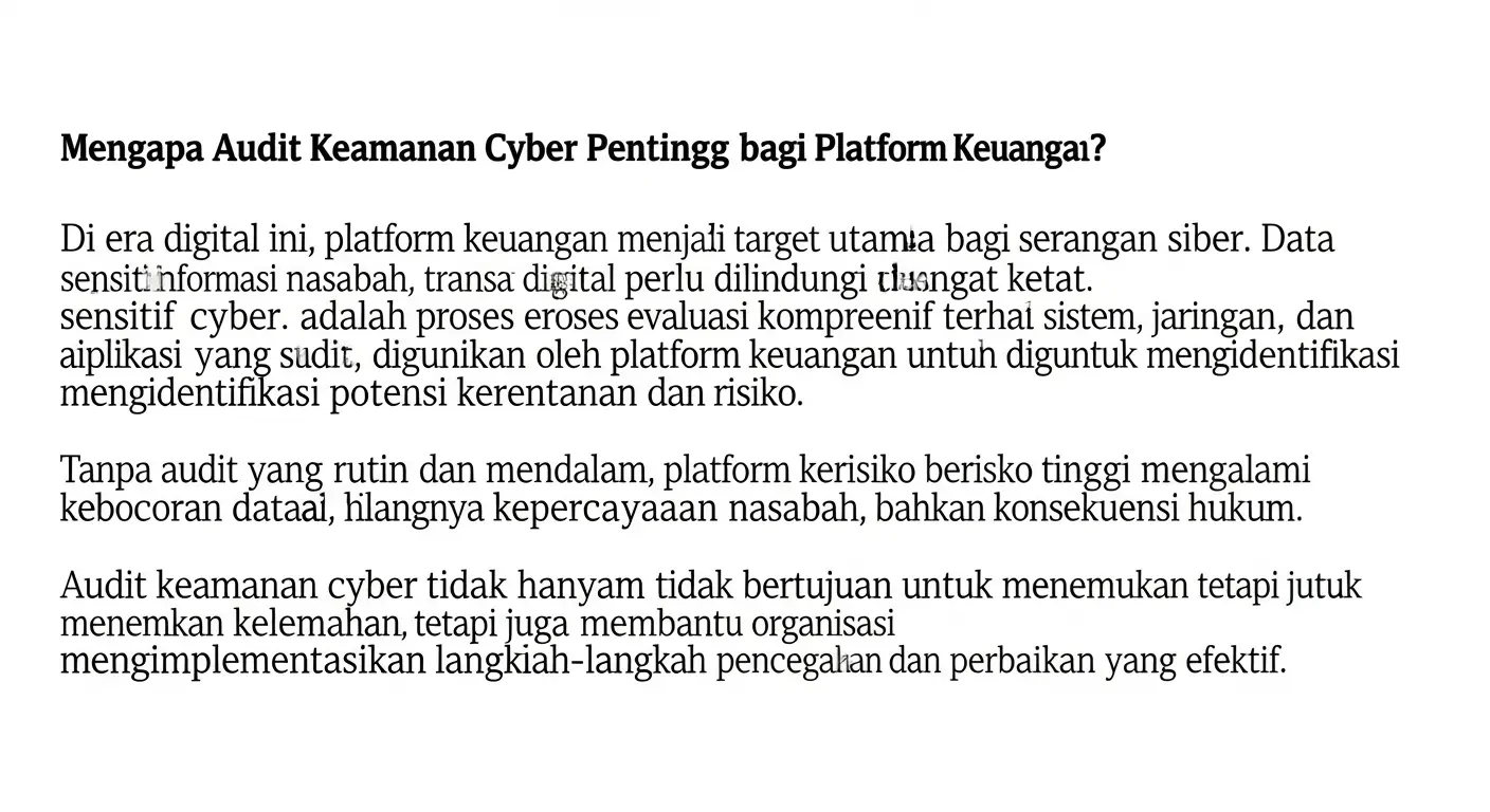 Jasa Audit Keamanan Cyber Platform Keuangan yang Perlu Anda Ketahui Artikel ini menjelaskan pentingnya jasa audit keamanan cyber di sektor keuangan, pandangan dari ahli, dan layanan yang disediakan oleh Widya Security.