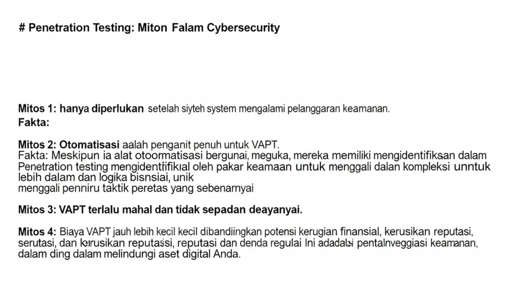 VAPT Penetration Testing: Mitos dan Fakta dalam Cybersecurity Membongkar mitos seputar VAPT penetration testing dalam cybersecurity.