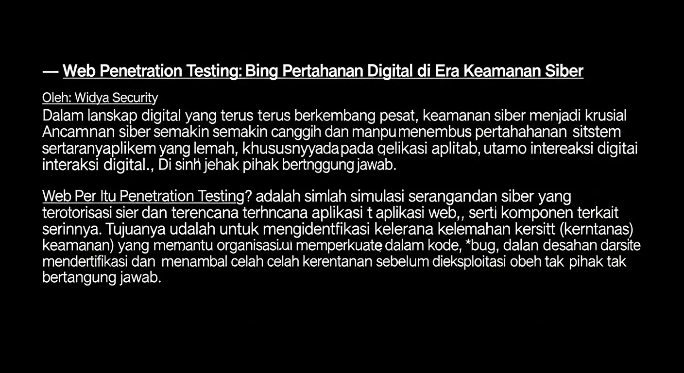 Web Penetration Testing: Pentingnya dalam Keamanan Cyber Artikel tentang web penetration testing dalam konteks keamanan siber, ditulis oleh Widya Security, menjelaskan tentang pentingnya, metodologi, dan manfaatnya.