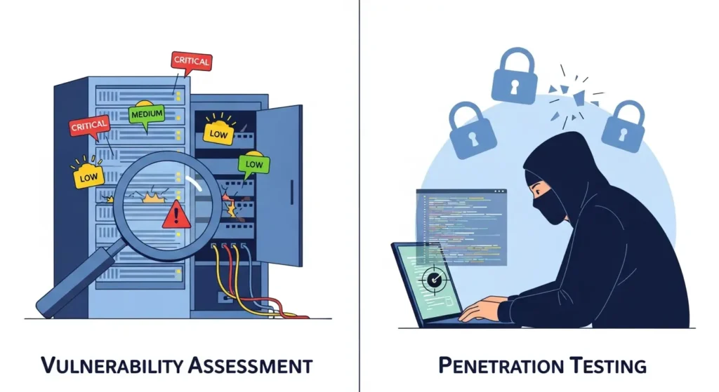 Perbedaan Vulnerability Assessment dan Penetration Testing Artikel ini membahas perbedaan antara vulnerability assessment dan penetration testing dalam cybersecurity, dengan fokus pada pentingnya keduanya untuk keamanan sistem digital.