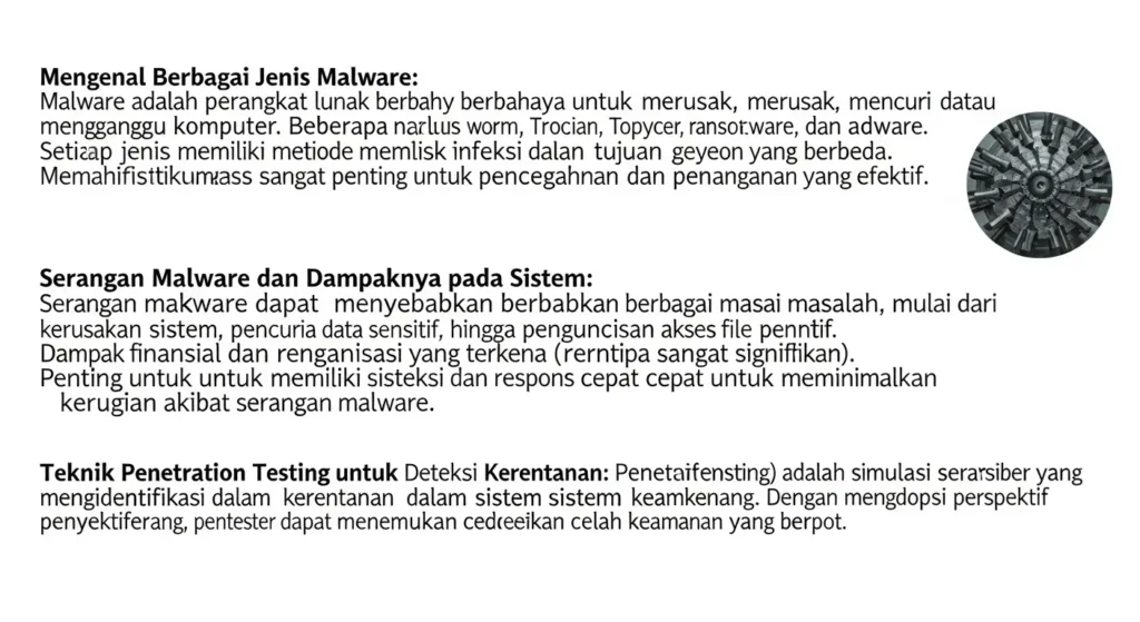 Studi Kasus Malware dalam Cybersecurity: Solusi dan Pencegahan Mempelajari tentang malware dalam cybersecurity, jenis-jenis malware, dan penerapan penetrasi testing dalam melindungi data.
