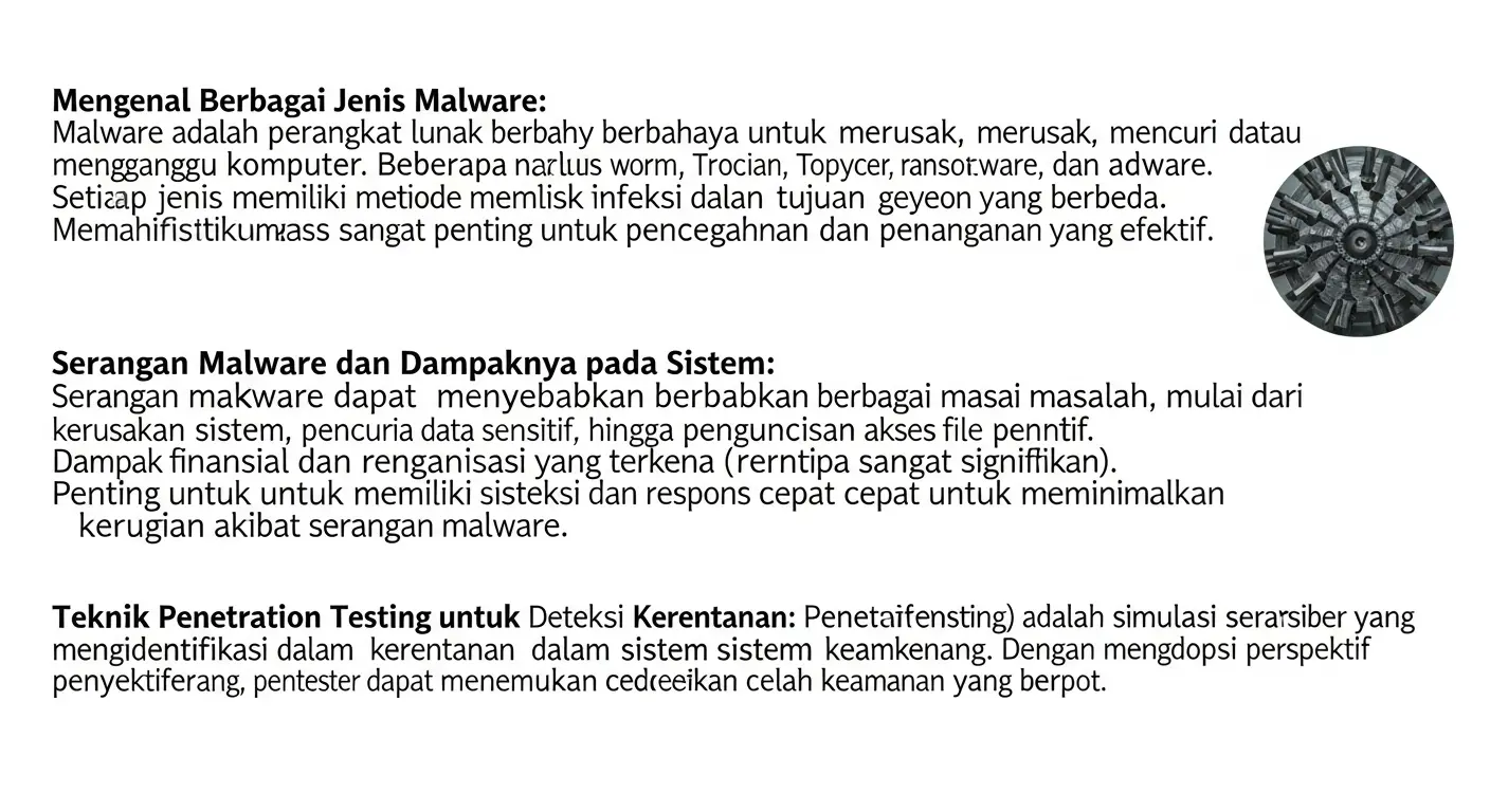 Studi Kasus Malware dalam Cybersecurity: Solusi dan Pencegahan Mempelajari tentang malware dalam cybersecurity, jenis-jenis malware, dan penerapan penetrasi testing dalam melindungi data.