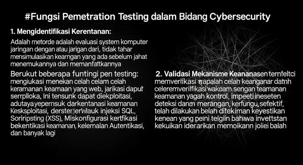 Fungsi dari Penetration Testing dalam Bidang Cybersecurity Pelajari tentang fungsi dari penetration testing dalam bidang cybersecurity dan bagaimana hal itu dapat membantu meningkatkan keamanan sistem Anda.