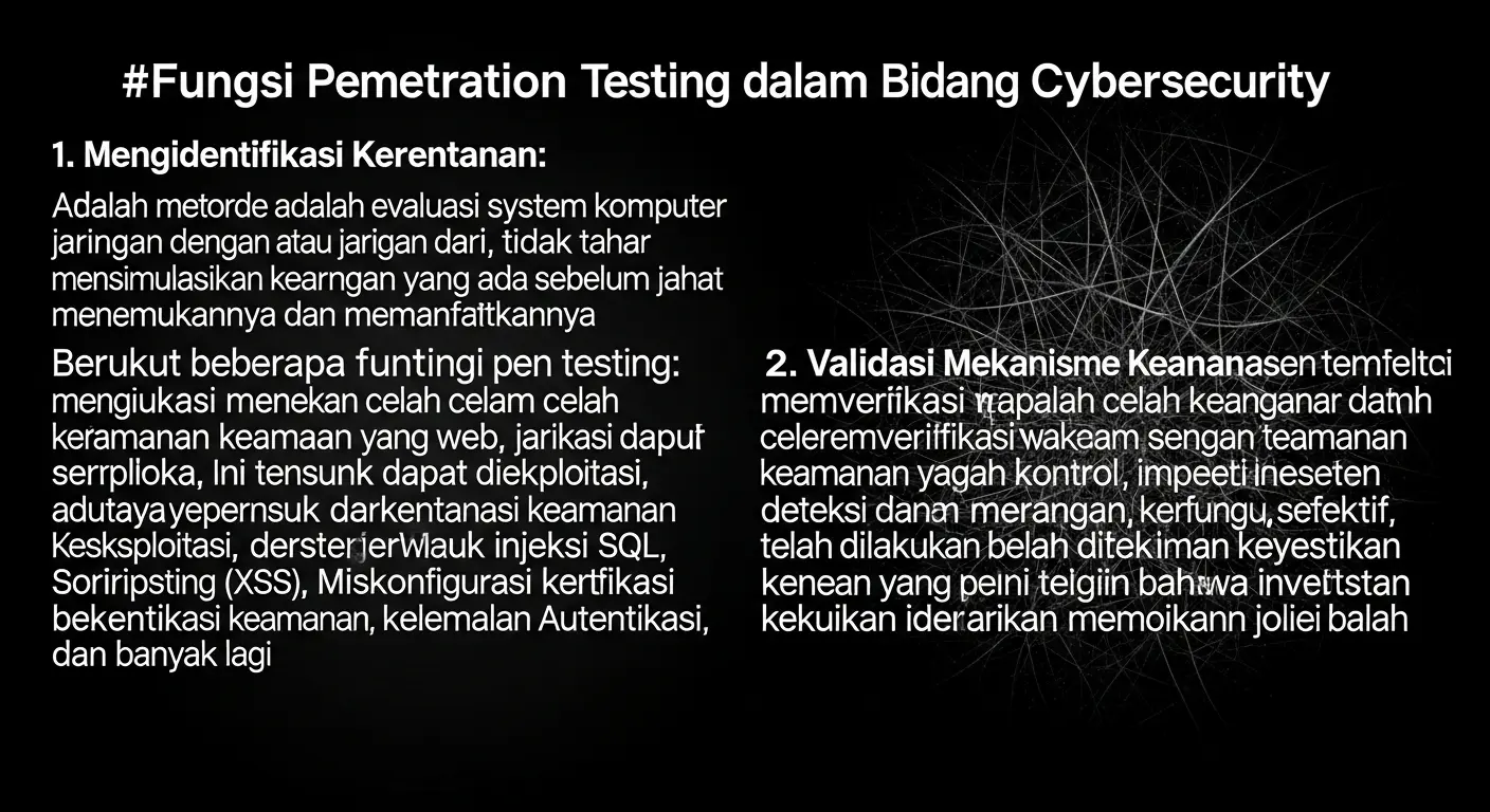 Fungsi dari Penetration Testing dalam Bidang Cybersecurity Pelajari tentang fungsi dari penetration testing dalam bidang cybersecurity dan bagaimana hal itu dapat membantu meningkatkan keamanan sistem Anda.