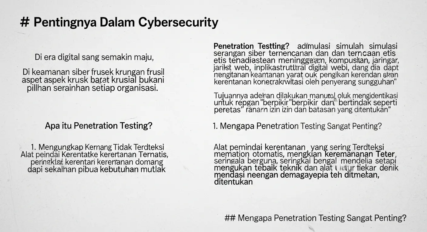 Pentingnya Penetration Testing dalam Cybersecurity Baca artikel ini untuk mengetahui mengapa penetration testing sangat penting dalam cybersecurity dan bagaimana Widya Security dapat membantu Anda.