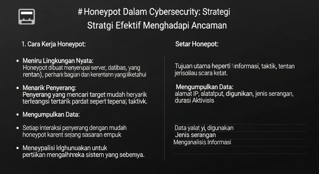 Honeypot dalam Cybersecurity: Strategi Efektif Menghadapi Ancaman Pelajari tentang honeypot dalam cybersecurity sebagai strategi efektif untuk menghadapi ancaman siber.