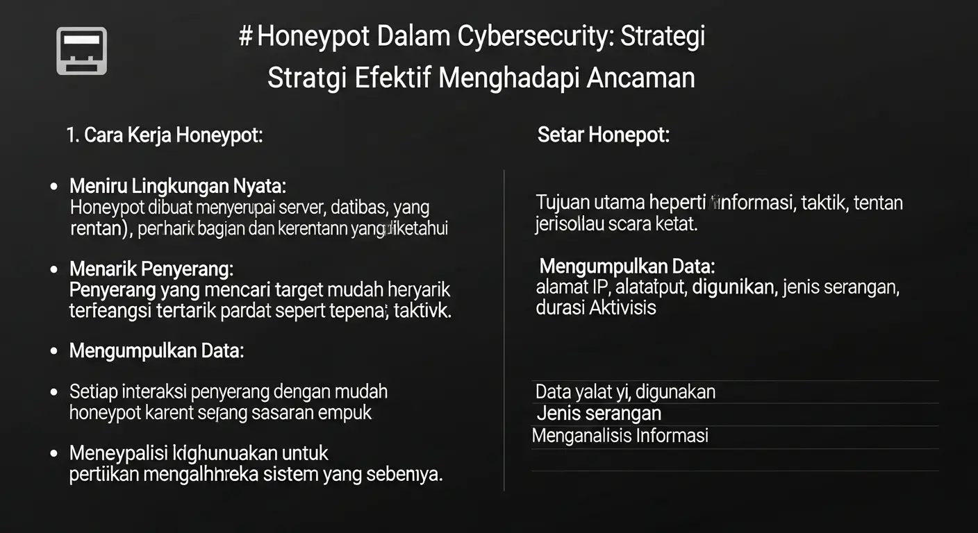 Honeypot dalam Cybersecurity: Strategi Efektif Menghadapi Ancaman Pelajari tentang honeypot dalam cybersecurity sebagai strategi efektif untuk menghadapi ancaman siber.