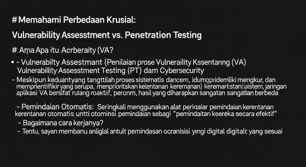 Perbedaan Vulnerability Assessment dan Penetration Testing Artikel ini membahas perbedaan antara vulnerability assessment dan penetration testing dalam bidang cybersecurity oleh Widya Security.