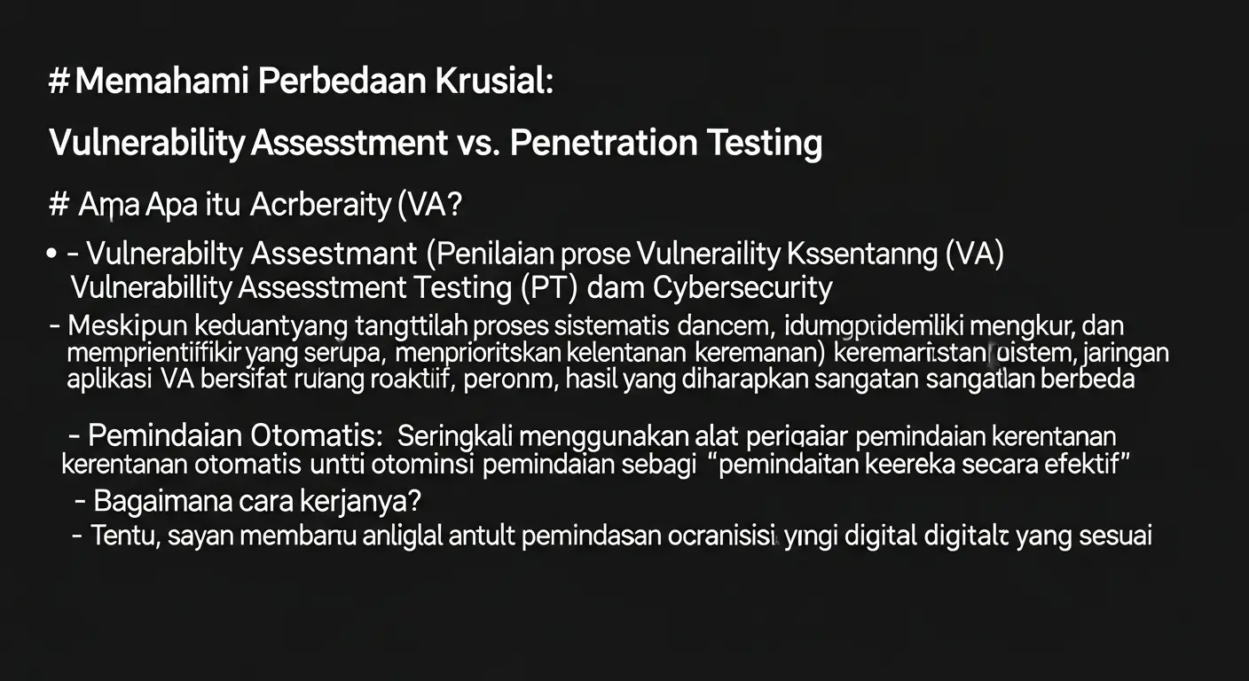 Perbedaan Vulnerability Assessment dan Penetration Testing Artikel ini membahas perbedaan antara vulnerability assessment dan penetration testing dalam bidang cybersecurity oleh Widya Security.