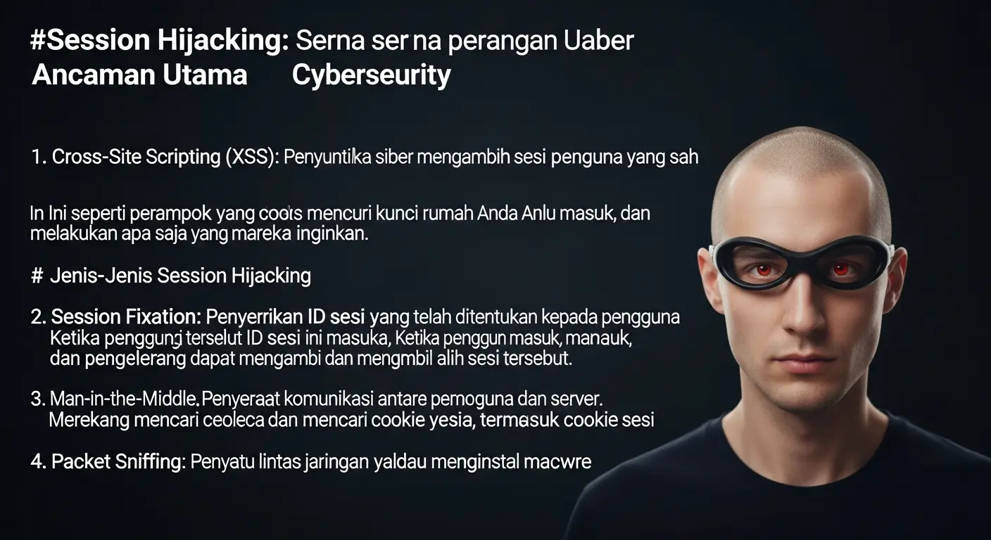 Session Hijacking: Ancaman Utama dalam Cybersecurity Pelajari lebih lanjut tentang session hijacking, jenis-jenis, dan cara pencegahannya dalam konteks cybersecurity.