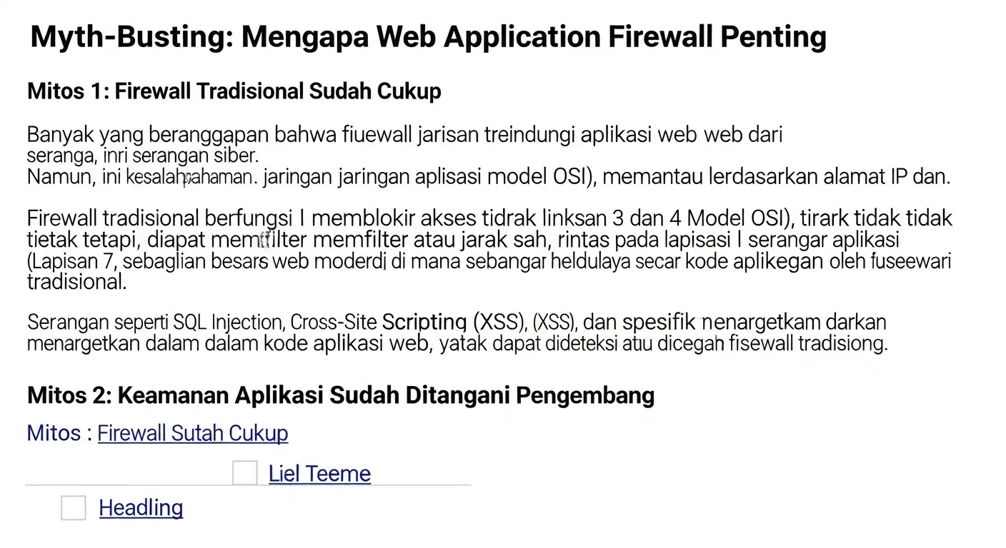 Myth-Busting: Mengapa Web Application Firewall Penting Artikel ini membahas mitos seputar Web Application Firewall dalam cybersecurity, dengan fokus pada pentingnya investasi WAF.