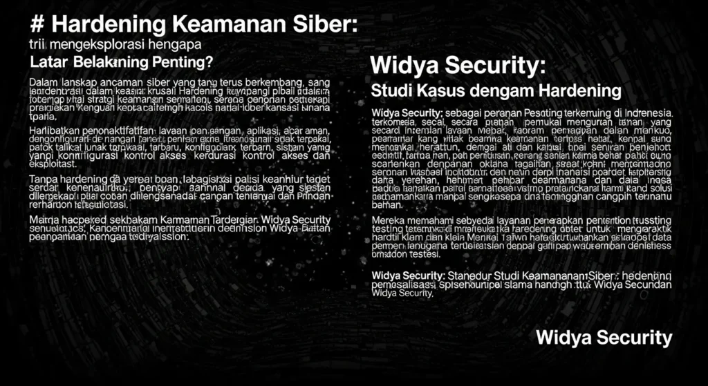 Hardening Keamanan Siber: Studi Kasus dengan Widya Security Artikel ini mengeksplorasi proses hardening dalam cybersecurity melalui studi kasus Widya Security, sebuah perusahaan di Indonesia yang berspesialisasi dalam penetration testing.
