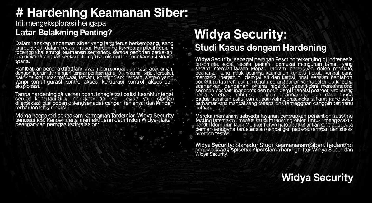 Hardening Keamanan Siber: Studi Kasus dengan Widya Security Artikel ini mengeksplorasi proses hardening dalam cybersecurity melalui studi kasus Widya Security, sebuah perusahaan di Indonesia yang berspesialisasi dalam penetration testing.