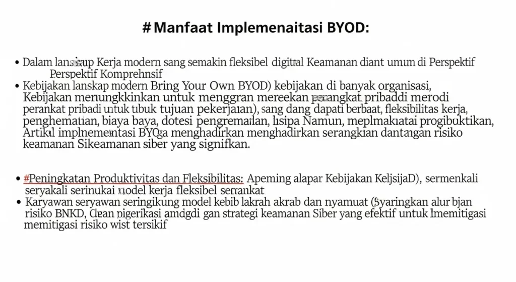 Implementasi Bring Your Own Device Policy dalam Cybersecurity Artikel ini membahas implementasi kebijakan Bring Your Own Device (BYOD) dalam cybersecurity, termasuk manfaat, risiko, dan strategi keamanan yang dapat diterapkan.