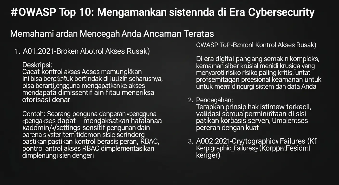 OWASP Top 10: Mengamankan Sistem Anda di Era Cybersecurity Pelajari tentang OWASP Top 10 untuk melindungi sistem dan data Anda dari ancaman siber.