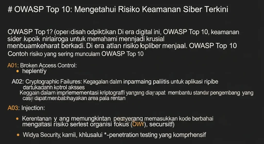 OWASP Top 10: Mengetahui Risiko Keamanan Siber Terkini Pelajari tentang OWASP Top 10 dan bagaimana kami di Widya Security dapat membantu Anda mengatasi risiko keamanan siber. Fokus pada penetration testing.