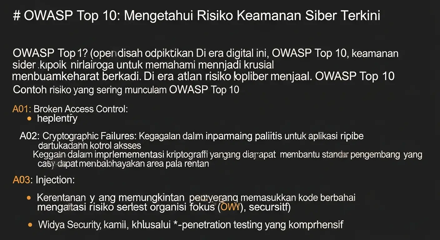 OWASP Top 10: Mengetahui Risiko Keamanan Siber Terkini Pelajari tentang OWASP Top 10 dan bagaimana kami di Widya Security dapat membantu Anda mengatasi risiko keamanan siber. Fokus pada penetration testing.