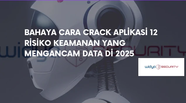 Ilustrasi bahaya crack aplikasi dengan simbol peringatan malware dan virus komputer